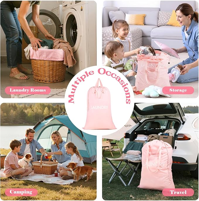 MissBoy Heavy Duty Nylon Laundry Bag,Washable & Splash-Resistant Dirty Clothes Storage Bag with Drawstring & Handles丨Lightweight, Foldable & Space-Saving for College Dorm,Beach&Trips, 80L Pink