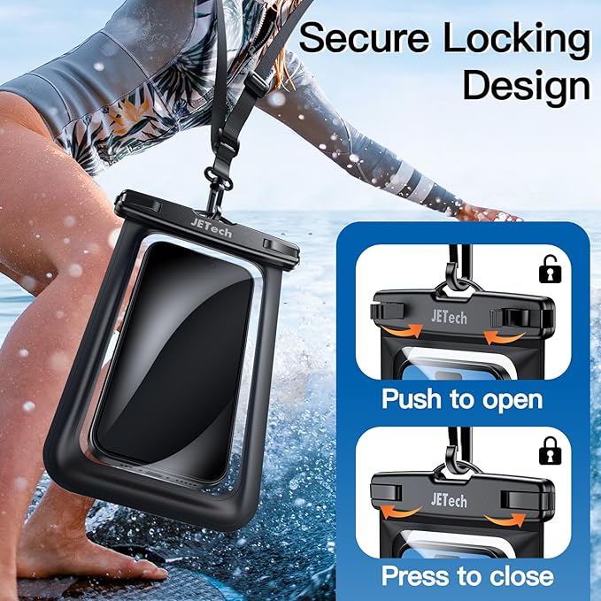 JETech Waterproof Phone Pouch, 2 Pack Water Proof Case for iPhone 17 16e 16 15 14 Air Pro Max Plus, Galaxy S25 S24 Ultra, Pixel 10 Series and Others up to 7.2 Inch, IPX8 Dry Bag (Black+Black)