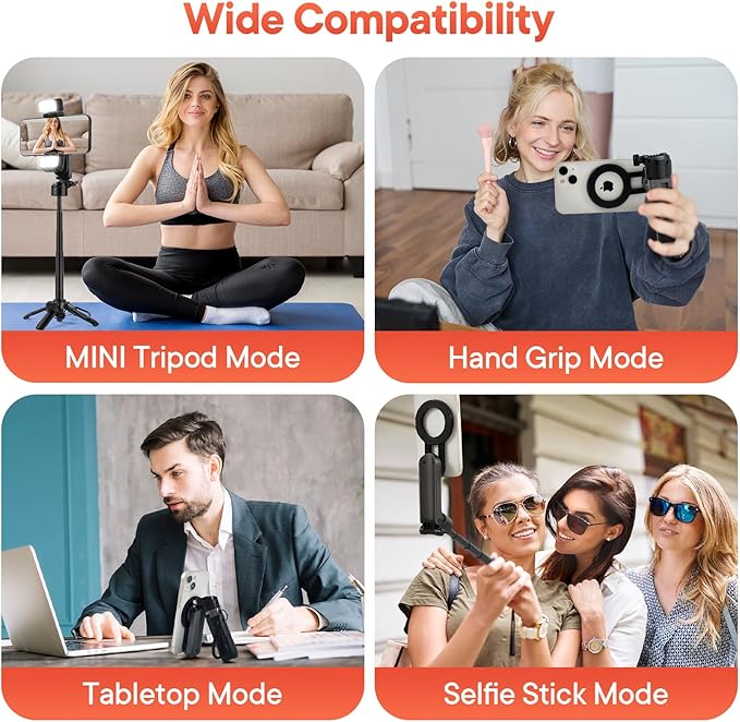 Phone Tripod, 4-in-1 Magnetic Mini Selfie Stick,Pocket Size Selfie Stick with Wireless Detachable Remote Control & 2 Fill Light for Photograph, Vlogging Compatible with iPhone/Android