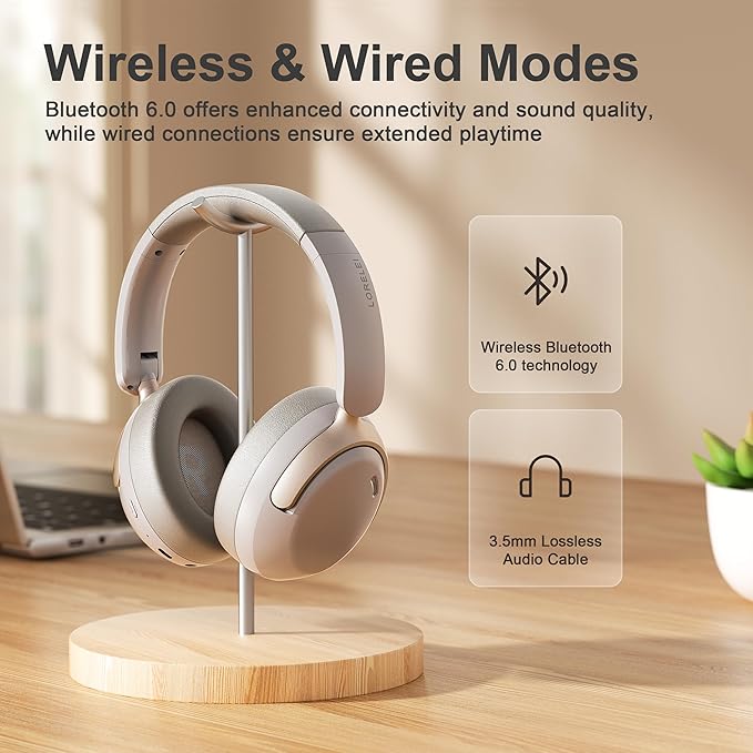 LORELEI Q30 Bluetooth Headphones Over Ear,60H Playtime & 3 EQ Music Modes,BT6.0 Headphones Wireless with Mic,Foldable Lightweight Headsets,HiFi Stereo Deep Bass for Home Travel iPad Tablet-Dunes Grey