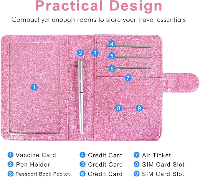 Caweet Passport and Vaccine Card Holder Leather Vaccination Card Wallet with Magnetic Closure, Glitter Pink