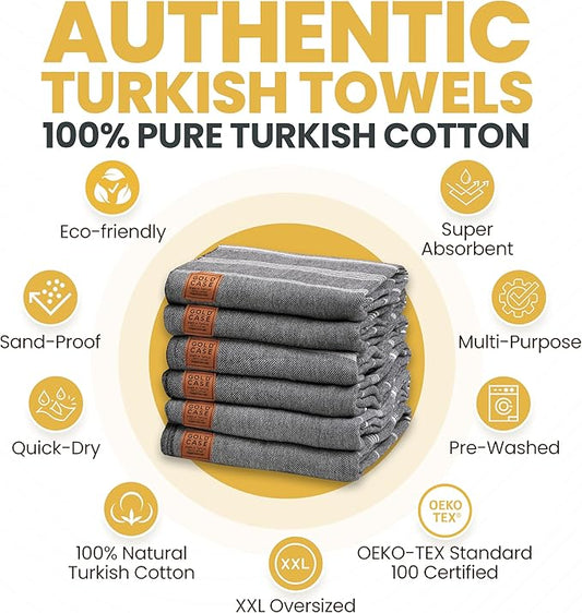 Gold CASE LYCIA Turkish Beach Towel Set of 6 – 100% Cotton Turkish Beach Towels Bulk 70 x 38'' – LYCIA Oversized, Quick Dry & Sand Free Beach Towel – Lightweight Towels Set in Black
