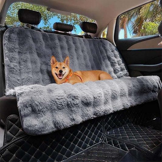 FUNNY FUZZY Fluffy Dog Car Seat Cover for Back Seat (Bench), Water-Resistant with Nonslip Backing,Pet Seat Protector for Cars SUVs Trucks(Gray