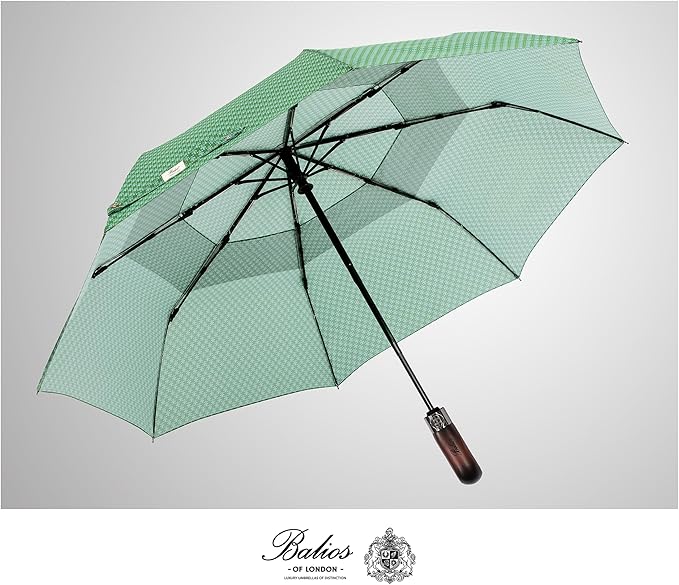Balios Travel Folding Umbrella with Real Wood Handle Auto Open Close Vented Windproof Canopy - Designed in UK