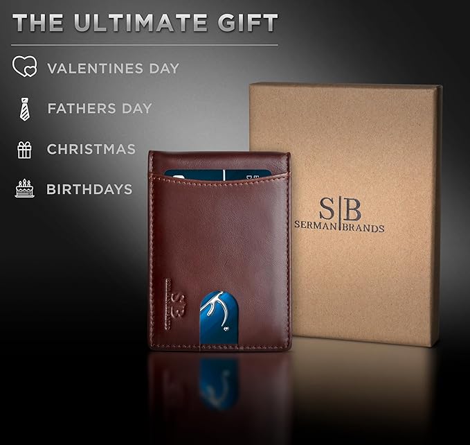 SERMAN BRANDS RFID Blocking Slim Bifold Genuine Leather Minimalist Front Pocket Wallets for Men with Money Clip Thin Mens