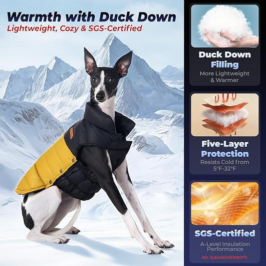 SPACE LION Dog Puffer Jacket, Down Winter Coat, Durable Outdoor Coat for Cold and Windy Conditions, Lightweight & Adjustable Fit Coats for Medium & Large Dogs, (BlackKhaki, Size20/XL)