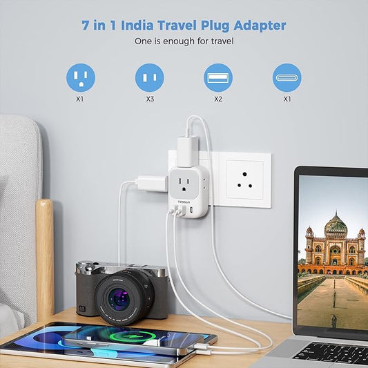 TESSAN US to India Plug Adapter, India Power Adapter with 4 American Outlets 3 USB Charger (1 USB C Port), Type D Travel Adaptor for USA to Bangladesh Maldives Nepal Pakistan