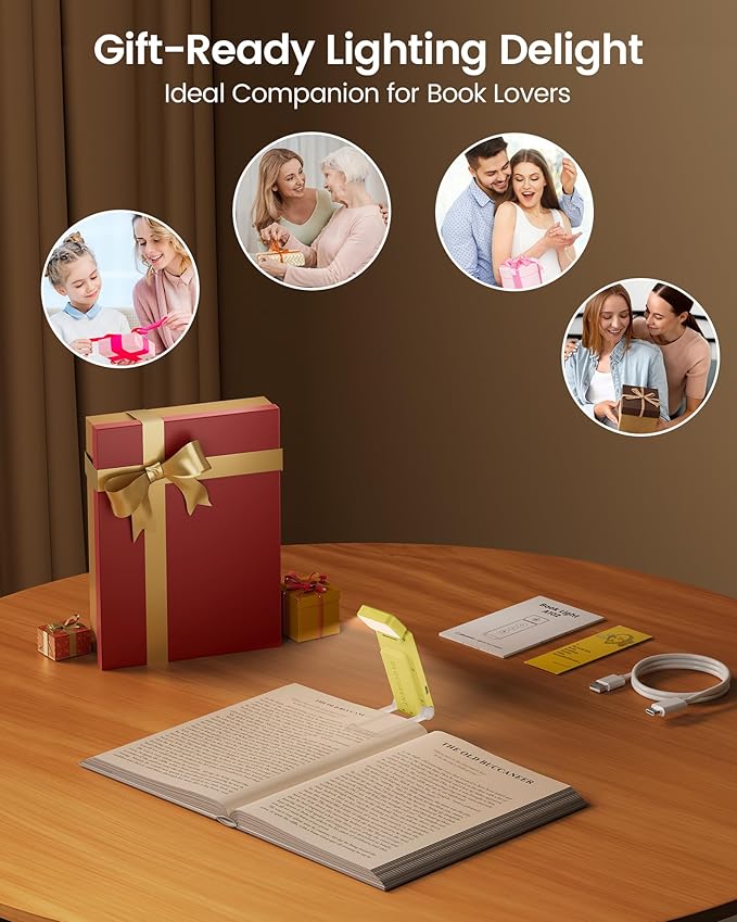 Glocusent 12 LED Rechargeable Book Light, Clip-on Reading Lamp with 5 Colors & 5 Brightness Levels, Up to 100Hrs Runtime, Eye-Caring Reading Lights for Books in Bed, Perfect for Book Lovers, Kids