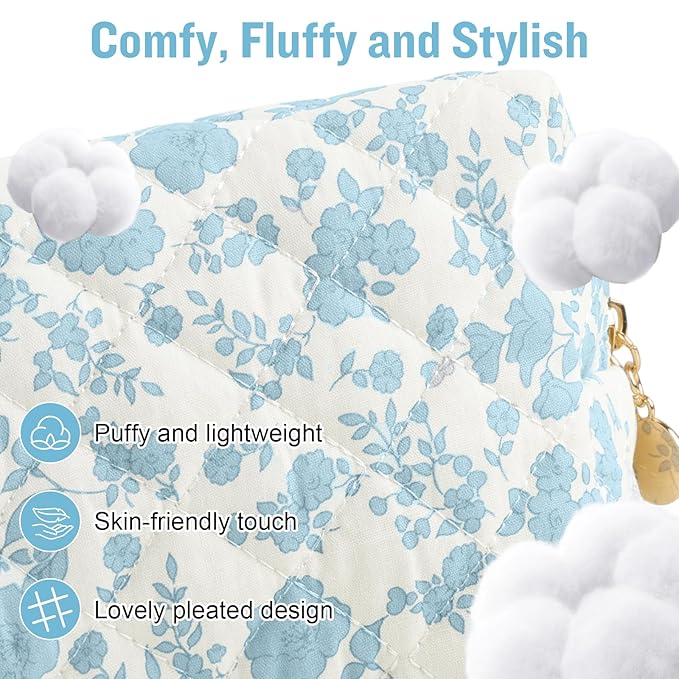 Personalized Quilted Cosmetic Bag, Puffy Monogrammed Christmas Birthday Gifts for Women & Girls, Cute initial Floral Makeup Bag Puffer Coquette Bag, Aesthetic Travel Toiletry Zipper Pouch(Blue,M)