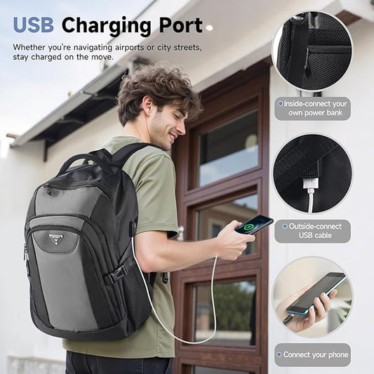 Laptop Travel Backpack with USB Charging Port, Anti-Theft Travel Business Backpack Fits 17 Inch Notebook, 30L Water-Resistant Work Computer Backpack, College School Bookbag for Men Women, Grey/Black