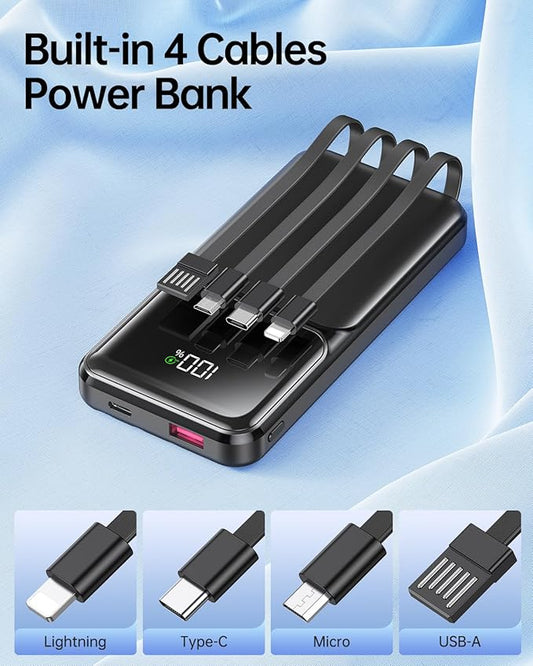 Portable Charger with Built in Cable - Power Bank Fast Charging 22.5W USB C 10000mAh LED Display Travel Battery Pack 5 Outputs & 3 Inputs for iPhone Samsung Android iPad Phones Tablets etc