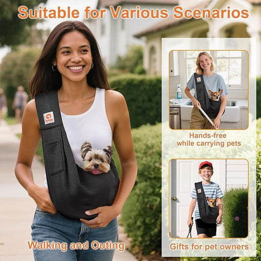 Tomkas Small Dog Sling Carrier - Classic Pocket & Classic Strap - for 3-10 lbs Pets(Black)