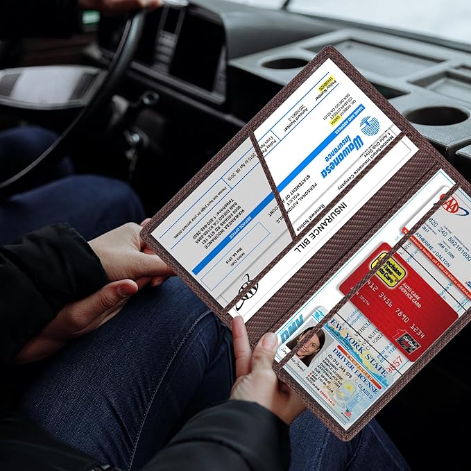 TOURSUIT Car Registration and Insurance Card Holder, Vehicle License Document Glove Box Compartment Organizer, Essential Car Wallet Case for Driver Auto Owners (Carbon Coffee)