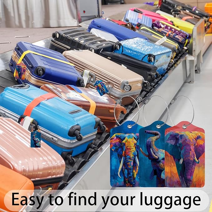 Colorful Elephant 3 Pack Luggage Tags for Suitcases, PU Leather Baggage Suitcases Tag Name ID Label Privacy Cover Travel Bag Tags for Women Men Boys Girls