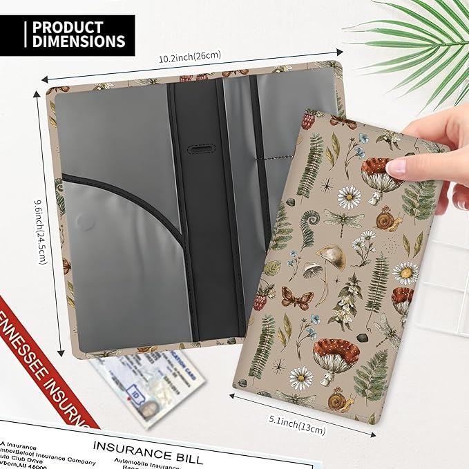 Leather Car Registration and Insurance Card Holder, Cute Car Accessories Vehicle Glove Box Car Organizer for Documents, Cards, License Cute Boho Mushroom