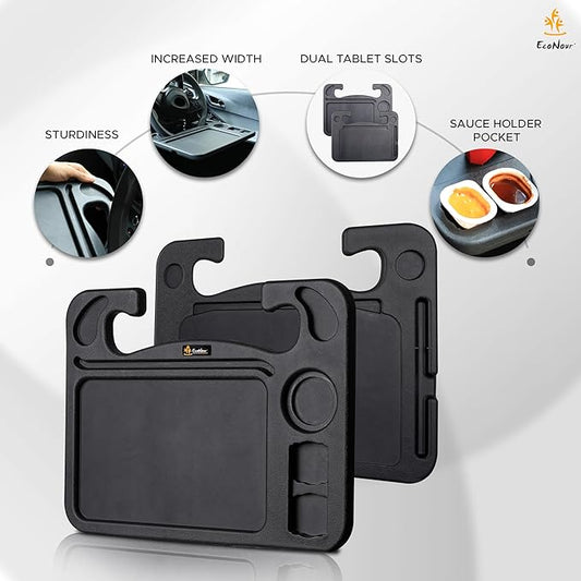 EcoNour 4 in 1 Car Steering Wheel Tray - 2024 Upgraded Tray with Dual Sauce Dip Holder and Tablet Holder | Spacious Steering Wheel Desk for Food and Laptop | Car Accessories (Large)