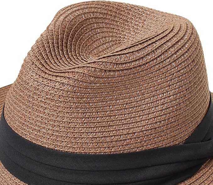 DRESHOW Women Straw Panama Hat Travel Fedora Beach Sun Hat Summer Wide Brim Straw Roll up Hat UPF 50+