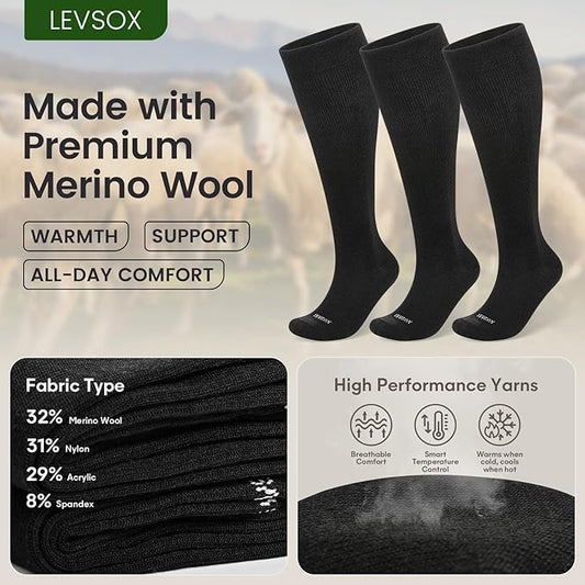 LEVSOX Merino Wool Compression Socks for Women & Men 20-30 mmHg Knee High Graduated Support Socks for Nurses Pregnancy Travel