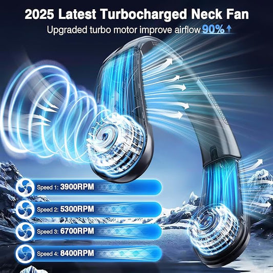 ChillGo Portable Neck Fan - 8400 RPM Enlarged Turbo Airflow - 5200mAh Personal Rechargeable Cooling Wearable Fan - Max 16H, 4 Speeds, Foldable, LED Display - Great Gifts for Men Women - 2nd Gen Black