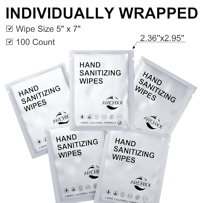 Hand Sanitizer Wipes, 100 Count Non-Woven Hand Wipes Travel Size, Aloe Vera Scent, 70% Alcohol, Individually Wrapped, Sanitizing for Home, Office & Outdoor, Drawstring Bag Included