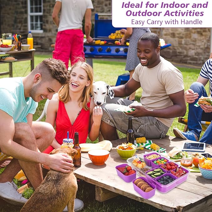 shopwithgreen Snackle Box Container, Divided Serving Tray with Lid and Handle for Party, Veggies, Fruit, Nuts, Food Tray Platter Charcuterie Snack Box Container for Entertaining, Picnic, Purple