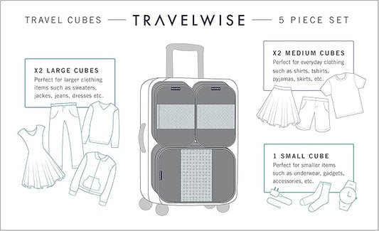 TravelWise Packing Cube System - Durable 5 Piece Weekender Plus Set (Black)