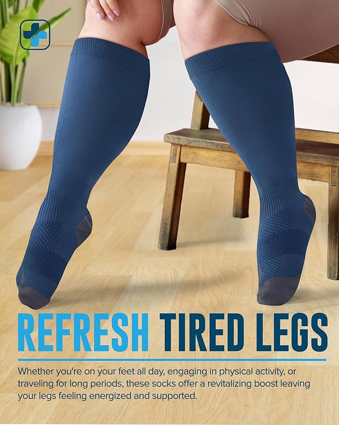 Doctor's Select 3 Pairs Plus Size Compression Socks Wide Calf - Up to 6XL | 20-30 mmHg Compression Socks for Women Wide Calf | Gray, Light Blue, Rose Gry/LghtBlu/Rse-4XL