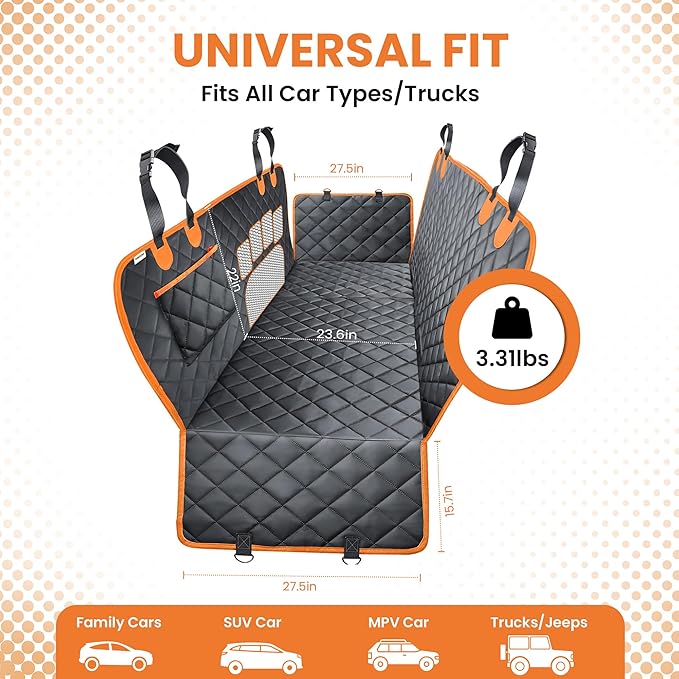 Dog Car Seat Cover for Back Seat, Hard Bottom Non Slip 600D Oxford Pet Hammock with seat Extender, Scratch & Water Resistant Backseat Cover for Dogs in Cars, SUVs & Trucks