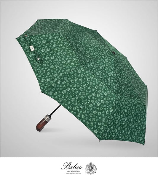 Balios Travel Folding Umbrella with Real Wood Handle Auto Open Close Vented Windproof Canopy - Designed in UK