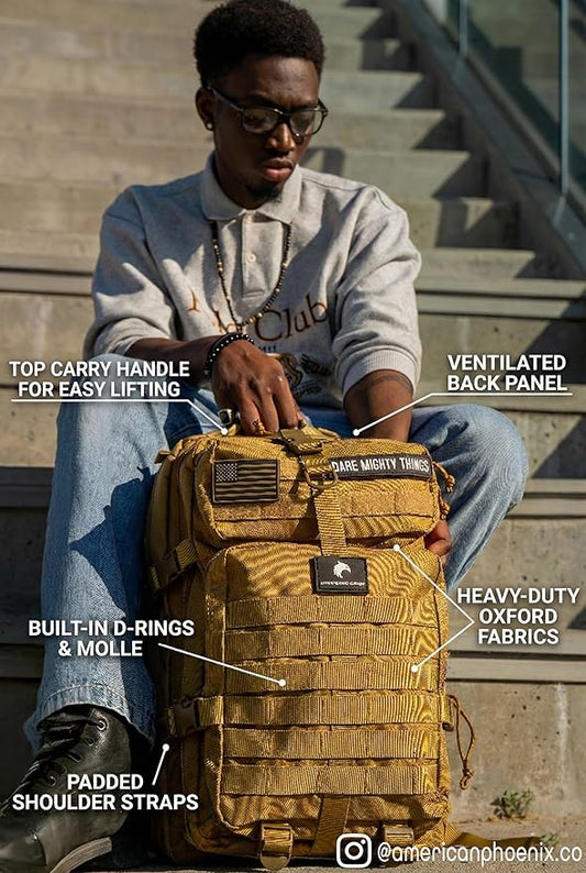 AMERICANPHOENIX 45L Elite Tactical Backpack | 3X Stronger Work & Military Backpack | Water Resistant and Heavy Duty | 3 Day MOLLE Bug Out Bag (Dune Brown)
