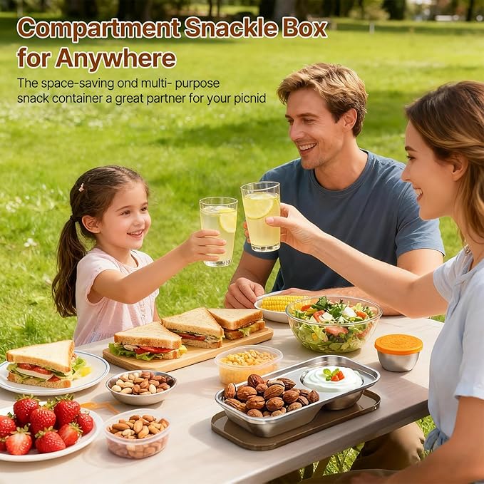 Kitlead 2 Compartment Grab and Go Snack Containers Reusable,Stainless Steel Snack Containers with Lid for Travel, Outdoor Camping and Daily Use (Set of 6)