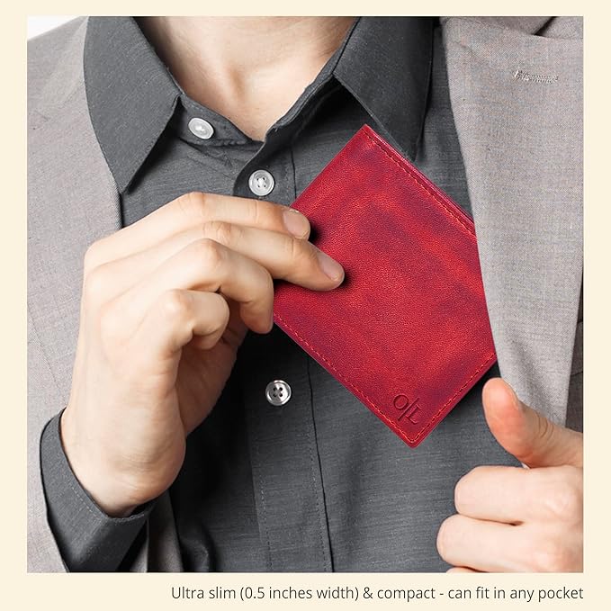 Oak Leathers Slim Leather Wallet for Men - RFID Blocking Slim Minimalist Front Pocket - Thin & Stylish with ID Window, Gift For Men (Vintage Red)