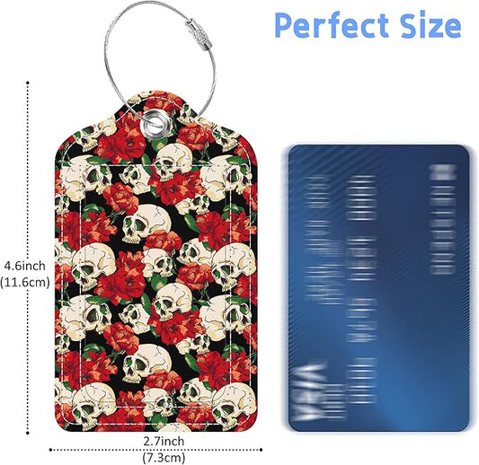 2 Pack Luggage Tags for Suitcase Day of The Dead Skull and Flowers Leather Stainless Steel Loop Label Tags for Women Men Travel Bag Suitcase with Privacy Cover Name ID Card