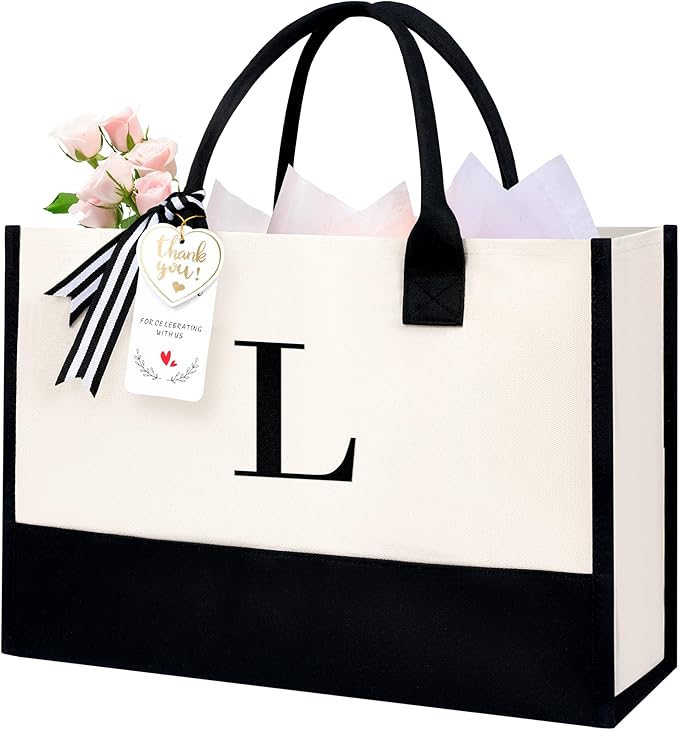BAGAIL Initial Tote Bag, Personalized Birthday Gifts for Women, Teacher, Friends, Mom, Wedding, Monogrammed Beach Bag