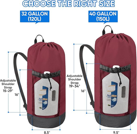 BALEINE 150L Laundry Bag Backpack, 900D Oxford Fabric Large Travel Laundry Bags with Shoulder Straps and 2 Mesh Pockets for College Dorm, Apartment, Laundromat (Red, 150L) 