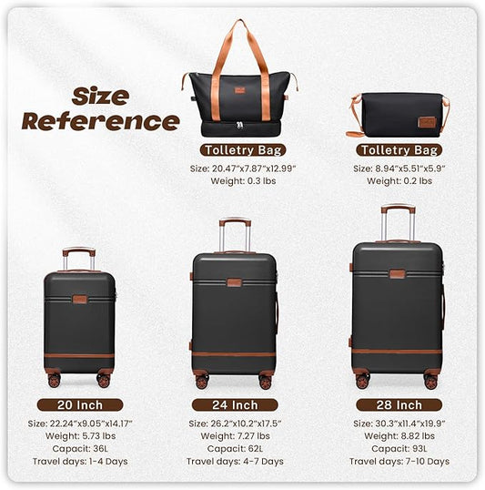 Krute Luggage Sets 5 Pieces Suitcase Set Hard Shell Carry On Luggage with Spinner Wheels TSA Approved Durable PC+ABS Hard Side Suit Case