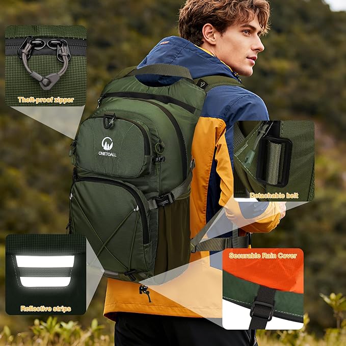 ONETOALL Hydration Backpack 22L, Hiking Backpack with 2L Leakproof Bladder, Sewn-in Rain Cover, Insulated Compartment for Men & Women Running, Cycling, Camping