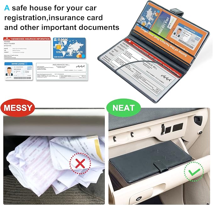 DMLuna Car Registration and Insurance Holder, Leather Vehicle Card Document Glove Box Organizer, Auto Truck Compartment Accessories for Essential Information, Driver License Cards, Black