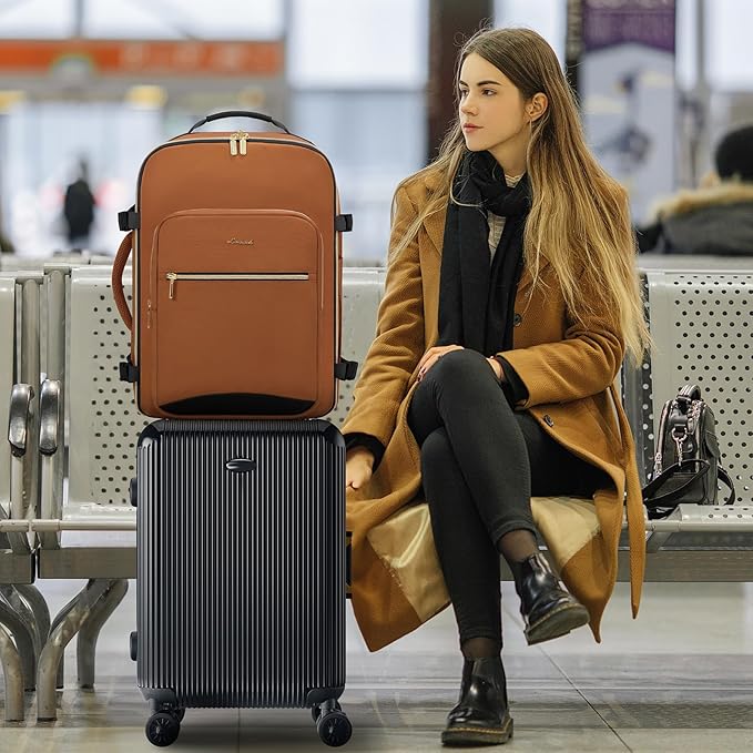 LOVEVOOK 40L Large Travel Backpack for Women Men, 17 Inch Carry on Backpack for Traveling on Airplane, Personal Item Travel Bag Airline Approved, Business Causal Weekender Backpack, Brown Yellow-Black