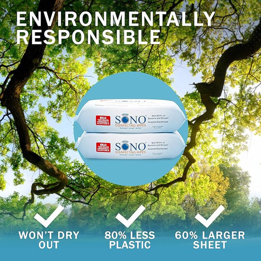 SONO Disinfecting Wipes - 160 Count (Pack of 2) + Sanitizer, Medical-Grade, Alcohol-Free, No Bleach, Gentle & Effective Multi-Surface Cleaning Solution, Larger Sheets