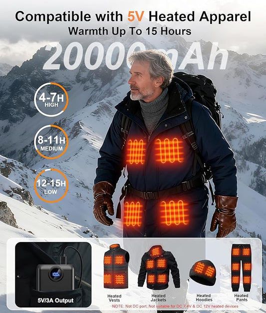 5V 20000mAh Heated Vest Battery Pack, Portable Battery Bank for Heated Jackets Hoodies, Phones, Camping Chair with Digital Screen( NOT for DC 7.4V &12V