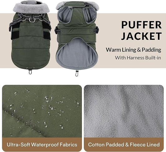Queenmore Winter Dog Jackets for Medium Dogs with Harness Built-in, Waterproof Puffer Jacket for Snow/Cold Weather, Pet Warm Coat for Doggie Boy/Girl - Fleece Lining Reflective Easy-on, Green M