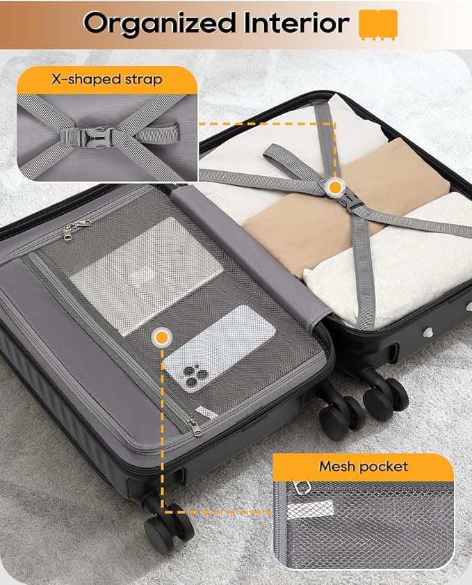 Joyway Carry on Luggage Airline Approved with Front Compartment and Cup Holder, 20 Inch Hard Shell Carry-on Suitcase with Spinner Wheels and TSA Lock for Women Men (Black, 20 Inch)