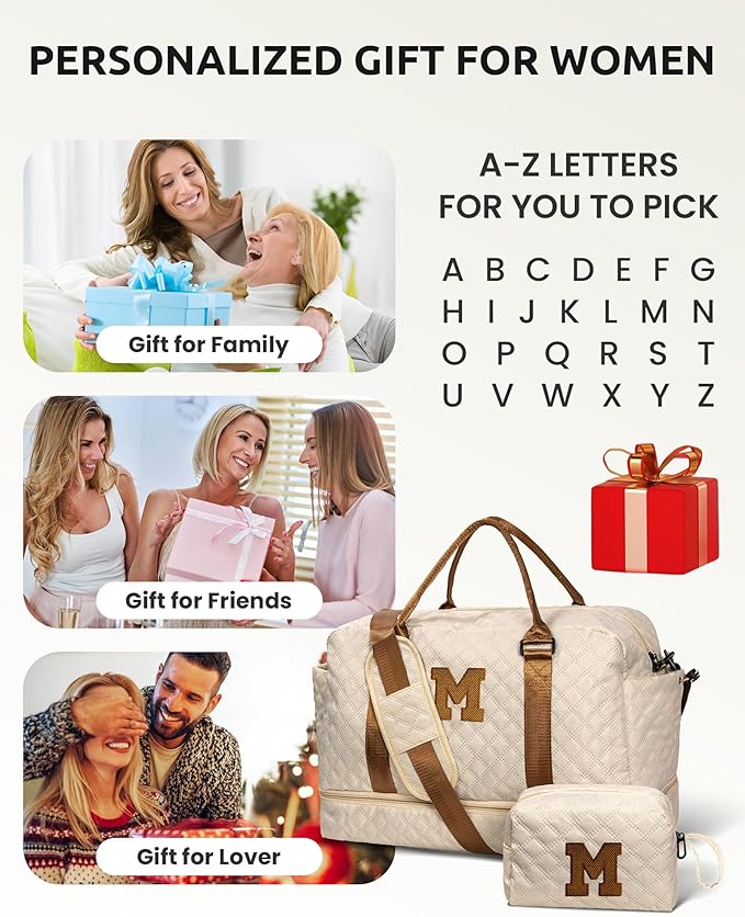Vogewood Initial Duffle Bag, Personalized Weekender Bag with Shoulder Strap, Monogram Overnight Bag for Women Wet Pocket, Letter Travel Bag with Makeup Bag Gifts for Niece (Letter R), Beige