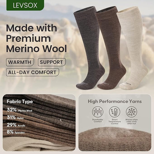 LEVSOX Merino Wool Compression Socks for Women & Men 20-30 mmHg Knee High Graduated Support Socks for Nurses Pregnancy Travel