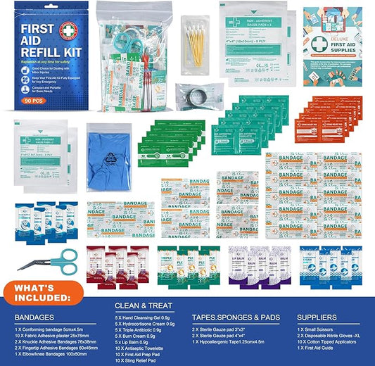 90 Pieces First Aid Refill Kit - Wound Care Kit Includes Bandages for Home, Travel, Hiking - Portable Replacement Kit for First Aid Medical Supplies(1 Set)