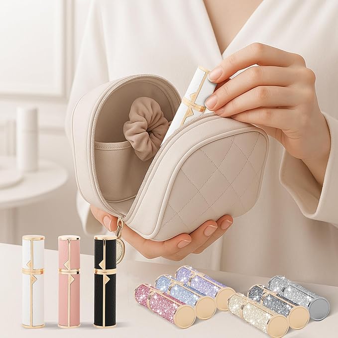 Travel Perfume Bottle Refillable, Sparkle Perfume Atomizer Leak-Proof Portable 5ML Mini Empty Atomizer Sprayer Bottle for Traveling and Outgoing (White - Leather style, 5ML)