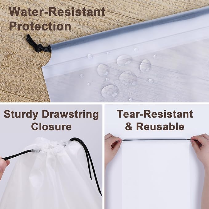 18 Pack Clear Shoe Bags for Travel, 15.7"×11.8" PEVA Drawstring, Water-Resistant, Fits up to Men’s 12–13, Reusable Storage for Shoes, Clothes & Toiletries, Keep Luggage Tidy & Odor-Free