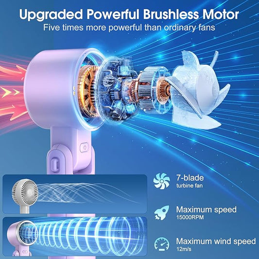 WHATOOK Portable Fan Handheld Mini Fan: Travel Fans with Air Turbo Tech, 4000mAh Battery with LED Display, 5 Gear Wind, 3 in 1 Foldable Small Hand Fans for Makeup, Outdoor, Working, Shopping (Purple)