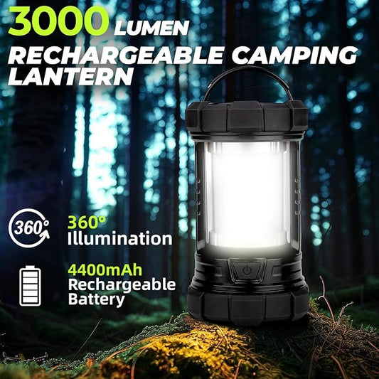 Camping Lantern 3000LM, LED Lanterns for Power Outages with 4400mAh Phone Charger, Impact-Resistant Rechargeable Lantern, 5 Light Modes Waterproof Lantern for Hurricane Emergency(Black)